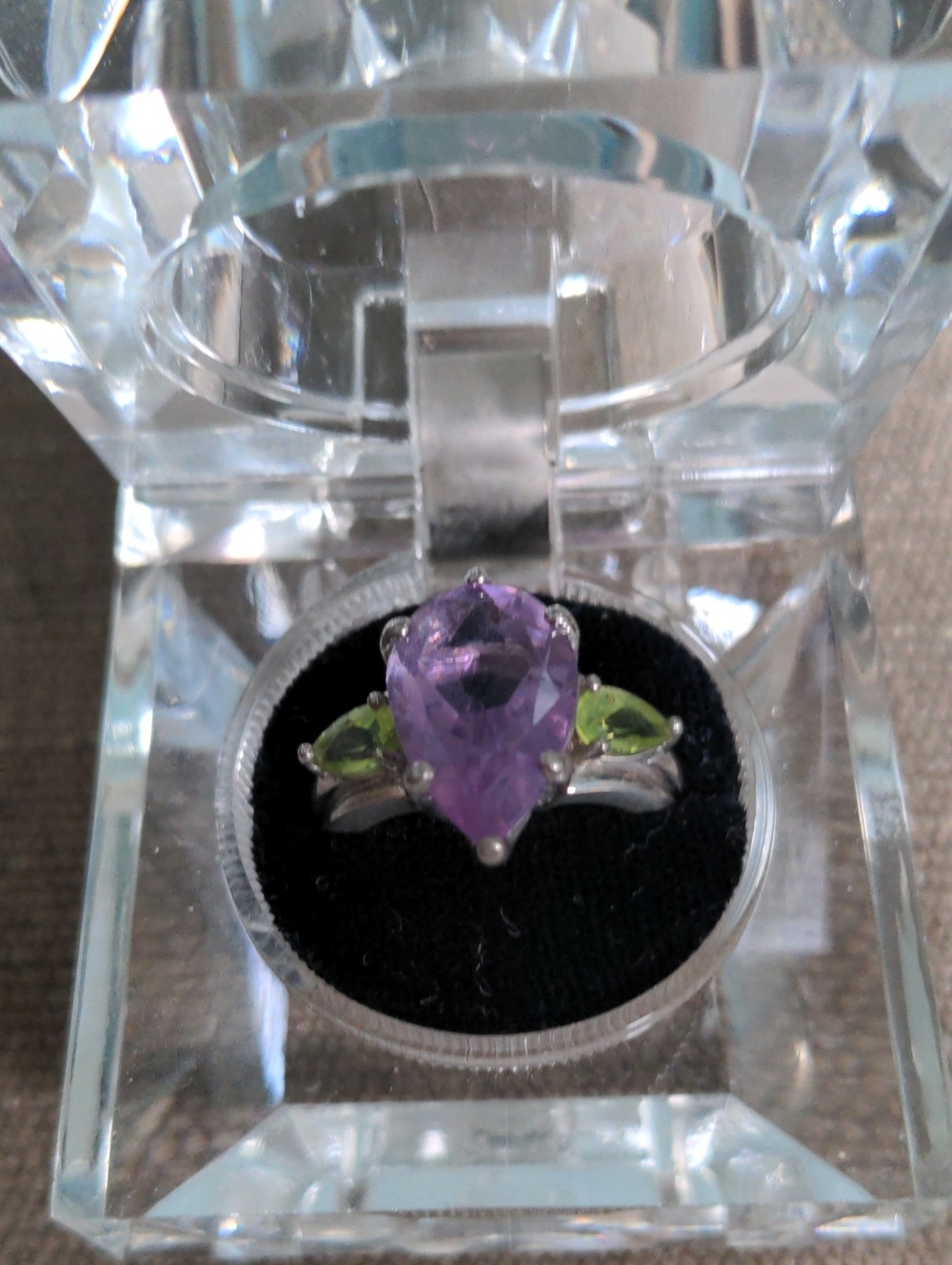 Sterling Silver Purple Teardrop Amethyst Ring, Peridot Green Accents